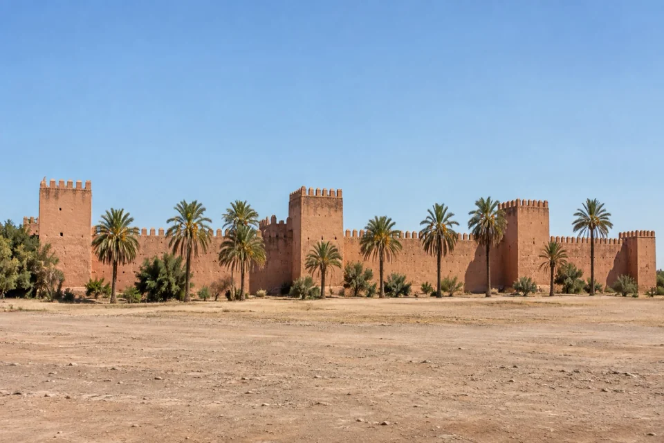 Red earth ramparts and palm trees in Rabat