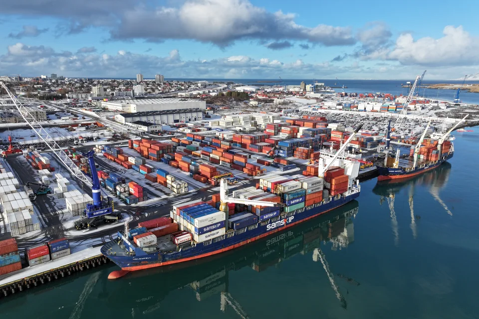 Sundahöfn harbour with container ships and the city behind, Reykjavik