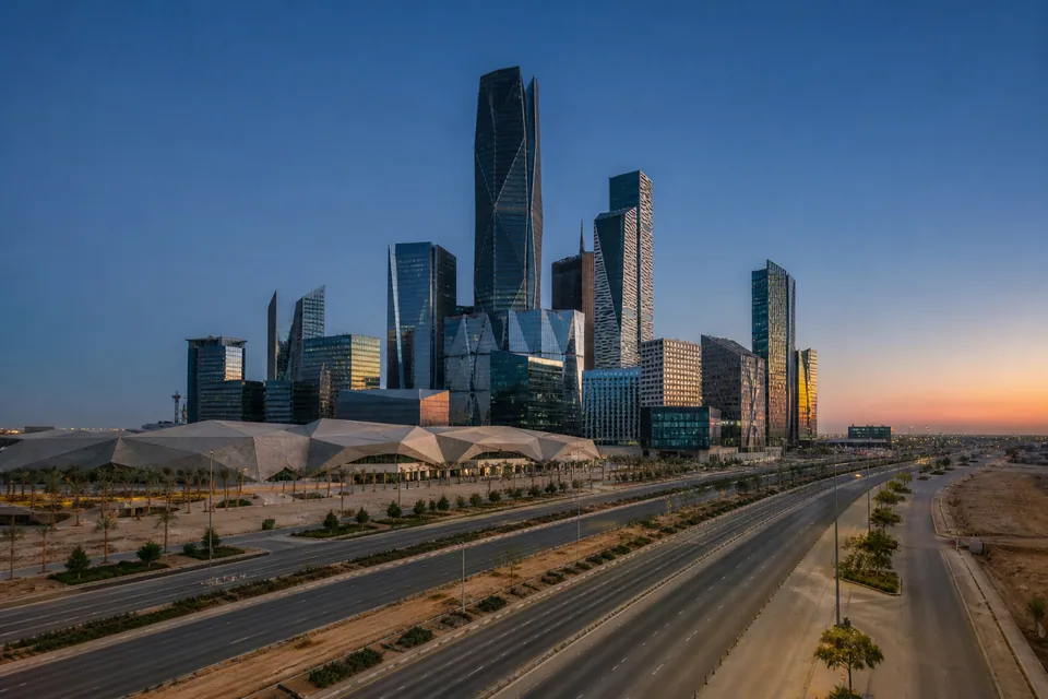 The Riyadh skyline of glass towers on the desert plain in evening light