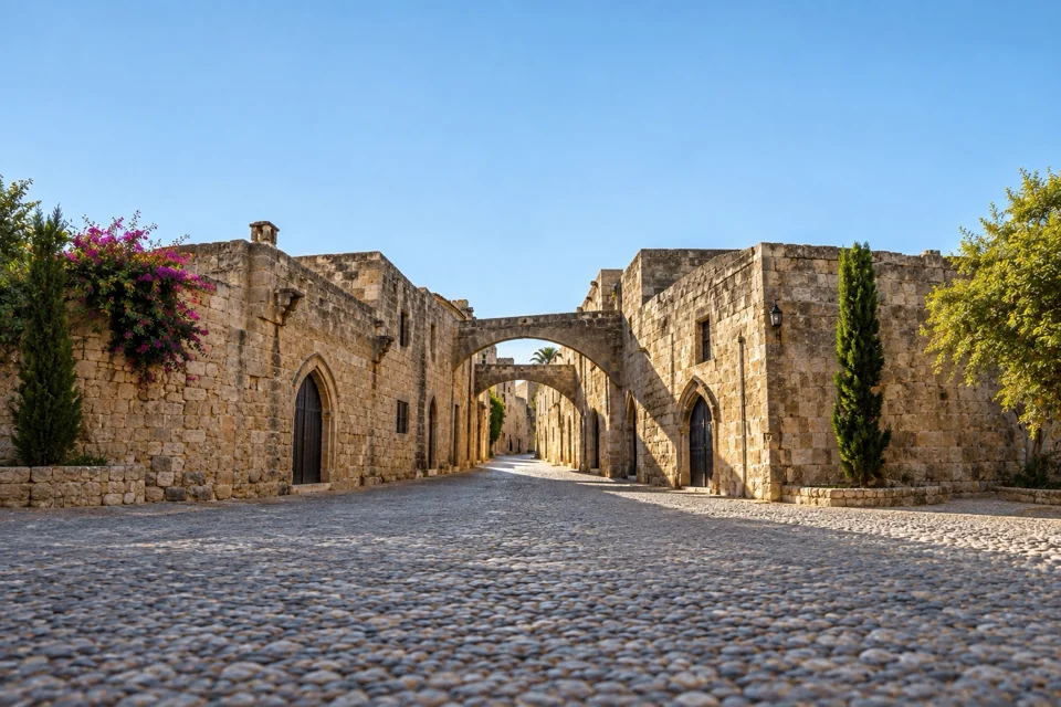 A medieval stone-paved street in the old town of Rhodes