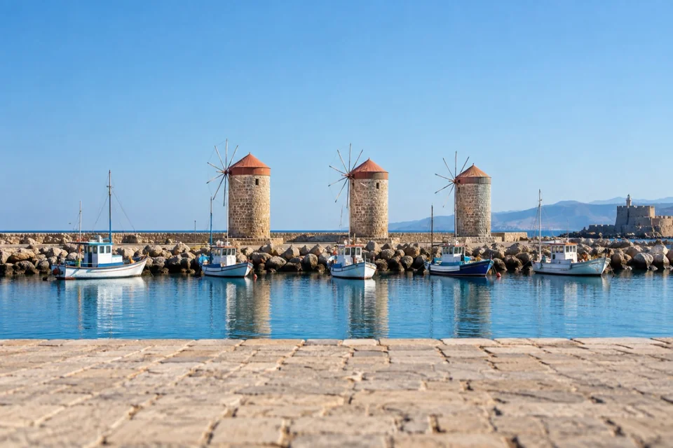 Stone windmills at the harbour of Rhodes