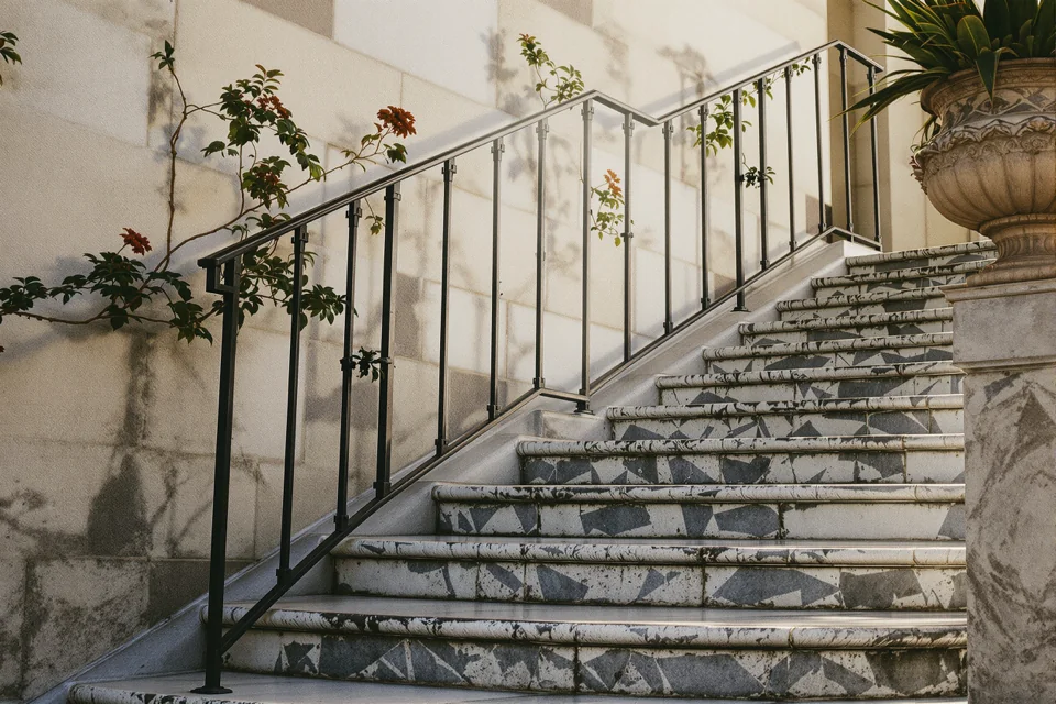 Worn marble steps running alongside an iron handrail in Rome