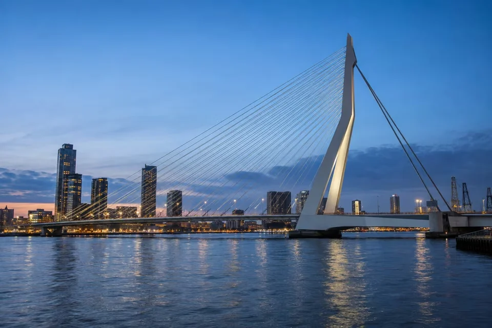 The white pylon of the Erasmus Bridge in Rotterdam