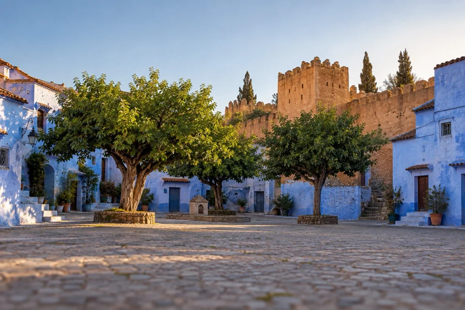 A square below the kasbah wall in Chefchaouen