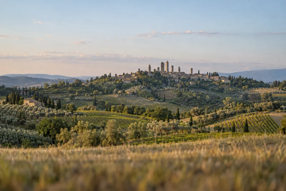 Vineyards and olive groves below San Gimignano