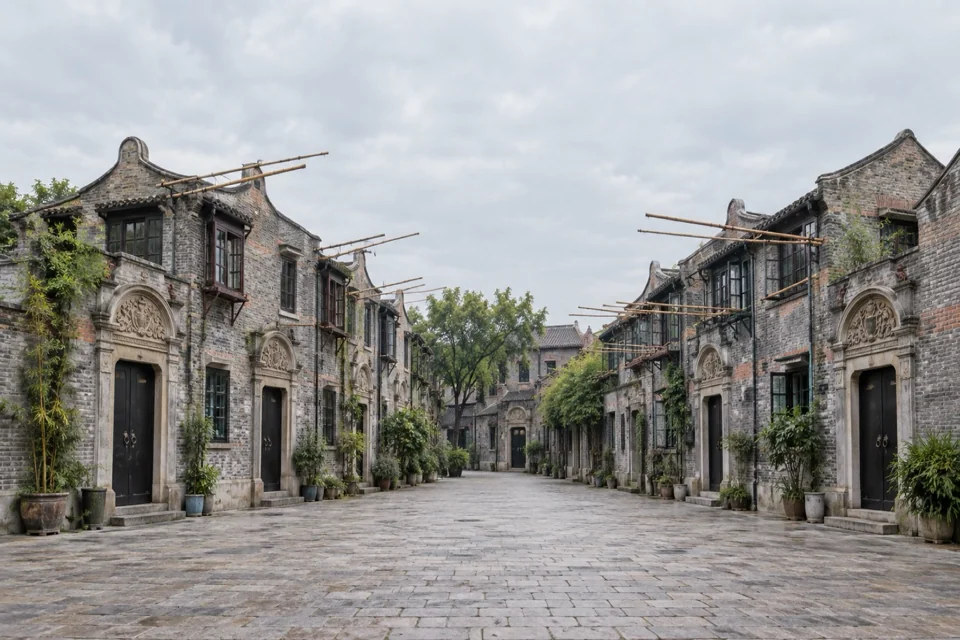 Shikumen lane of grey brick houses in Shanghai