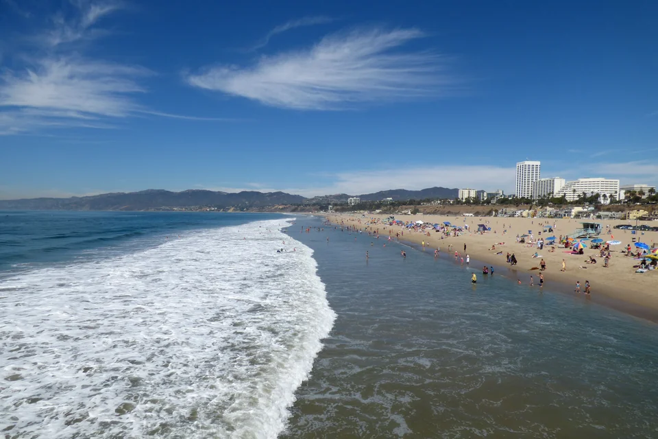 Pacific waves breaking along the long beach at Santa Monica