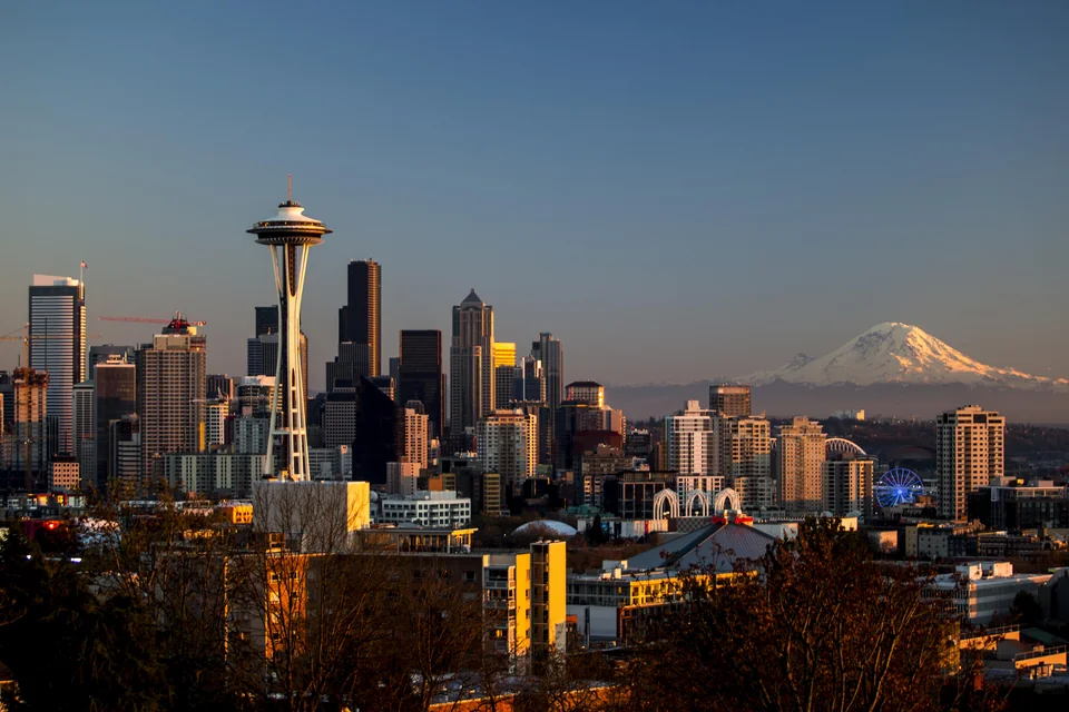 The Space Needle, the downtown skyline and snowy Mount Rainier in the distance, Seattle