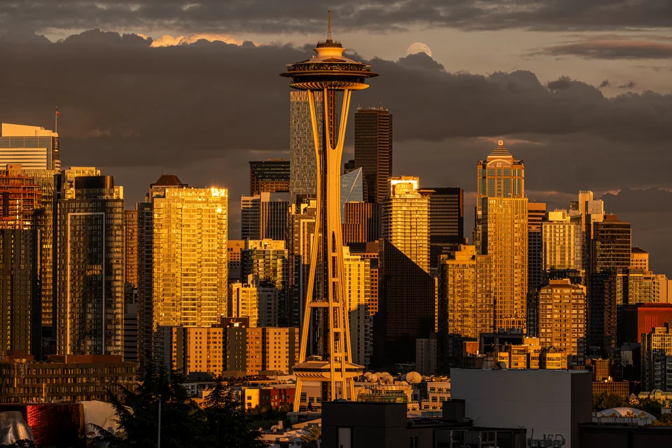 The Space Needle and skyscrapers in evening light, Seattle