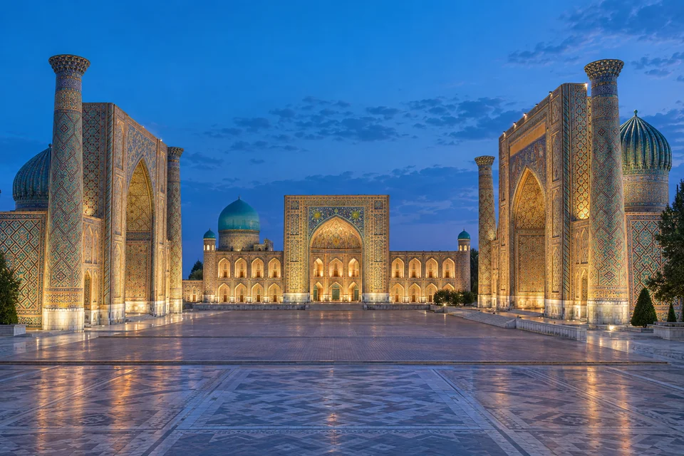 The three tiled madrasahs of Registan Square in Samarkand at blue hour