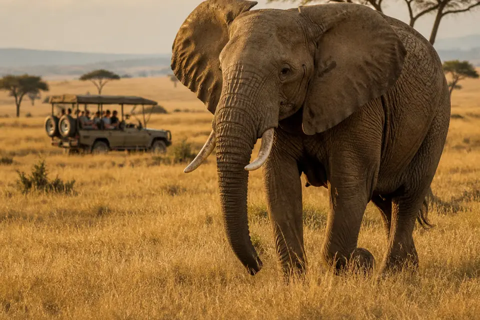 An elephant walking in front of a safari vehicle in the Serengeti