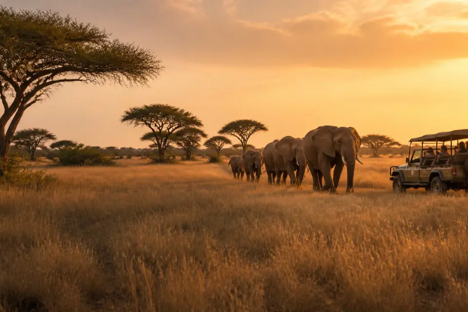 A herd of elephants and a safari vehicle in the Serengeti at sunset