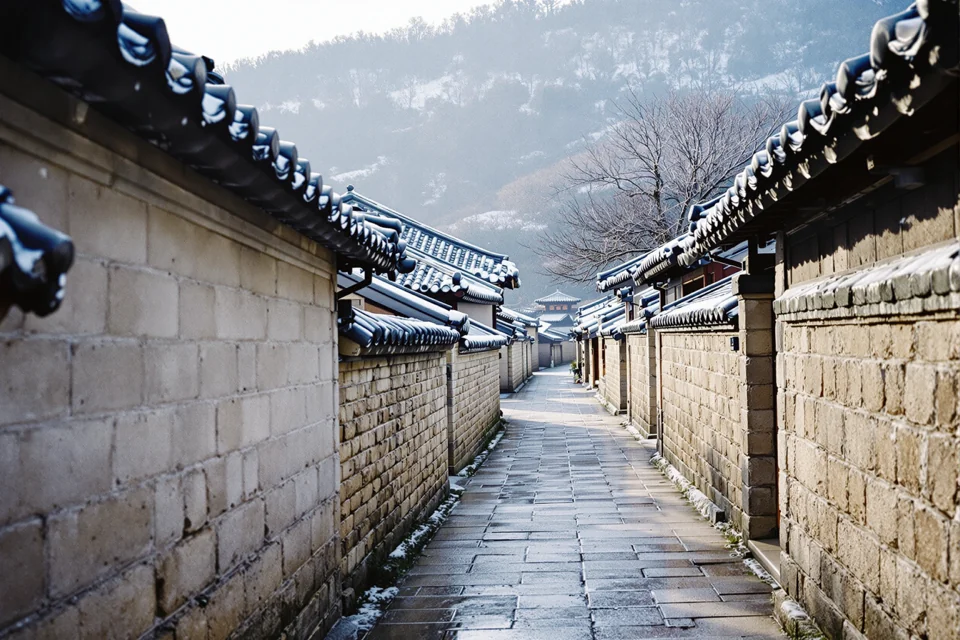 A narrow hanok street in Seoul between stone walls and snow-covered tiled roofs