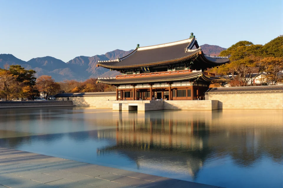 Traditional palace pavilion mirrored in a Seoul pond, autumn-tinted mountains behind