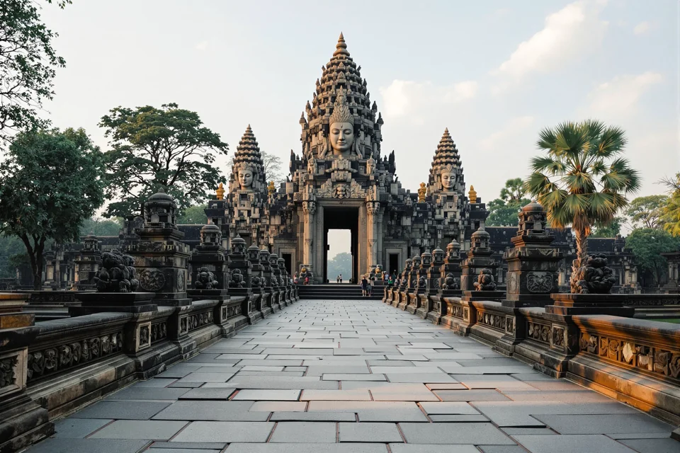 Face-carved stone temple towers in Siem Reap, approached by a causeway of carved balustrades
