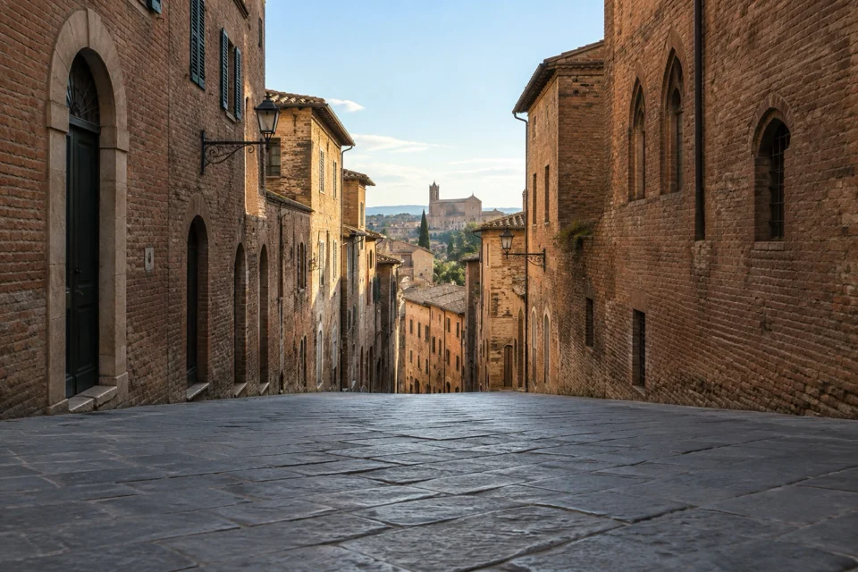 Siena’da tuğla cepheli dik sokak