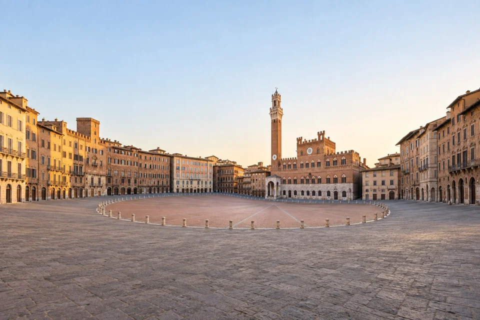 Sloping square paved in a fan pattern in Siena
