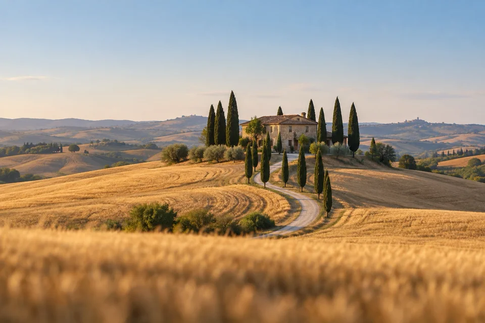 Cypress-lined hills and a stone farmhouse outside Siena