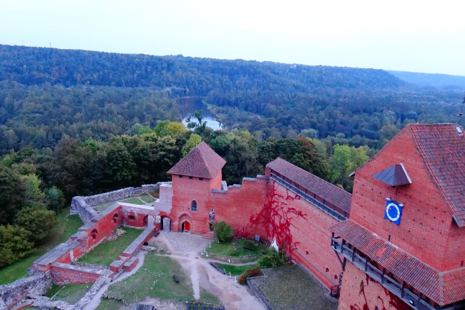 The red-brick tower of Turaida Castle and the Gauja valley near Sigulda