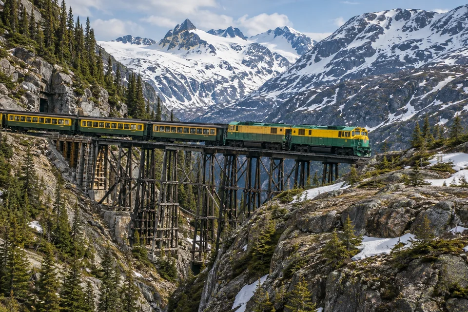 The White Pass train crossing a wooden trestle in the mountain pass above Skagway