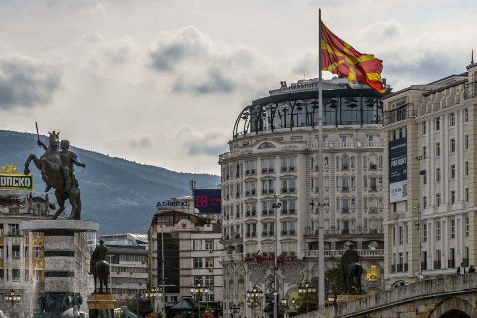 The warrior-on-horseback statue and historic buildings on Macedonia Square in Skopje