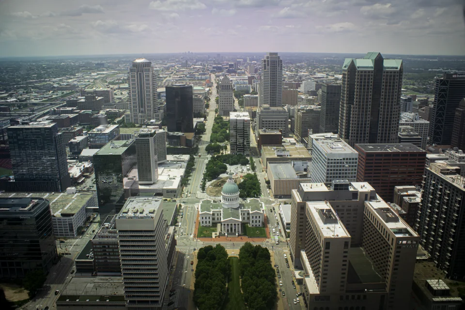 Downtown St. Louis and the domed Old Courthouse seen from the Gateway Arch