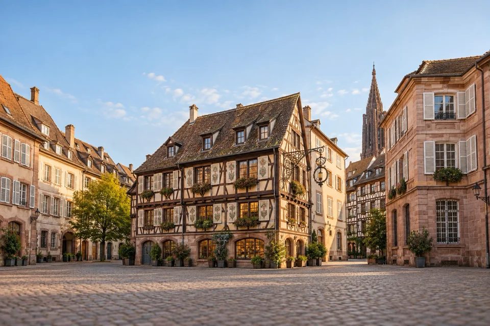 A square of pink sandstone facades in Strasbourg