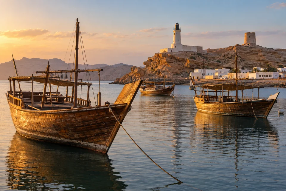 Wooden dhows in the harbour of Sur with the white lighthouse on the headland
