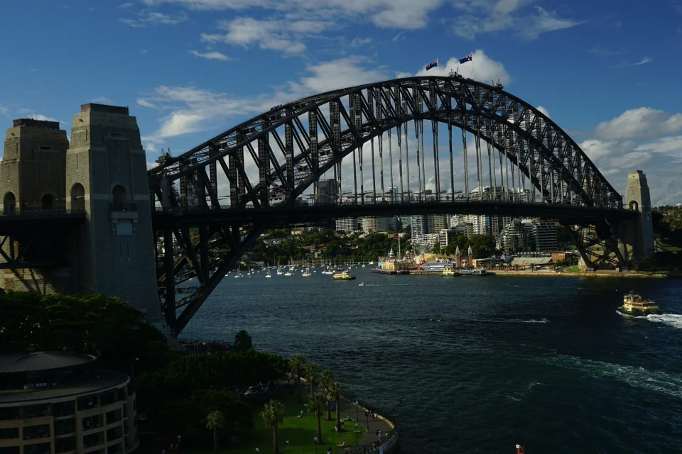 The steel arch of the Sydney Harbour Bridge over the harbour
