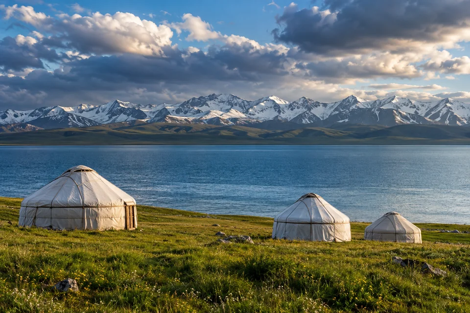 White yurts on the shore of Song-Kol lake below the snowy Tian Shan peaks