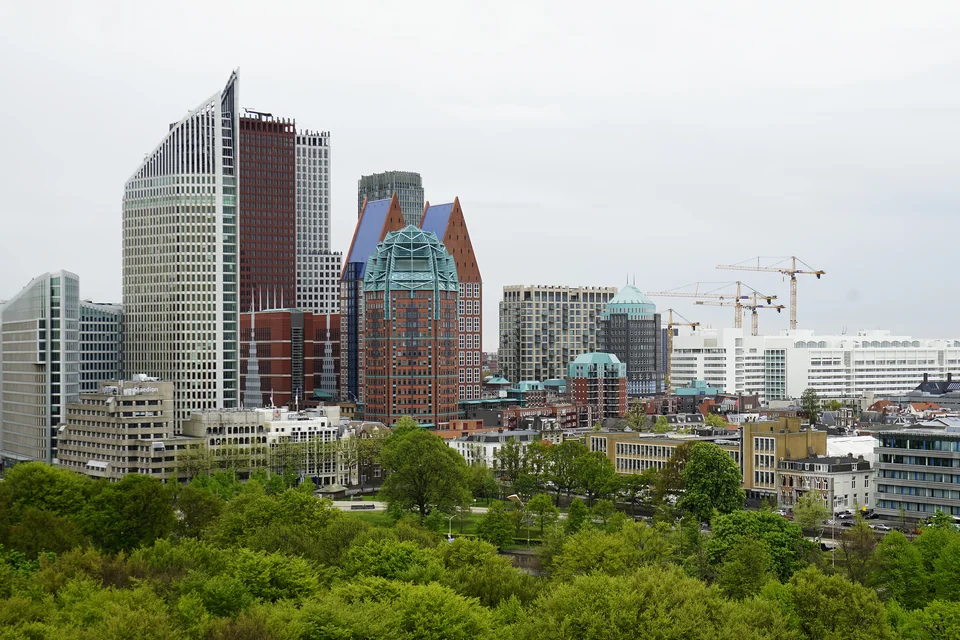Downtown skyscrapers of The Hague rising beyond green woodland