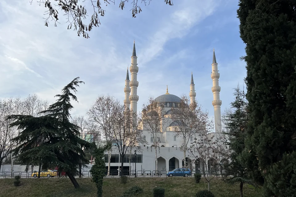 The great four-minaret mosque, trees and a green park in Tirana
