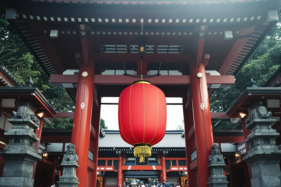 Giant red lantern hanging in a vermilion Tokyo temple gate, flanked by stone guardian statues