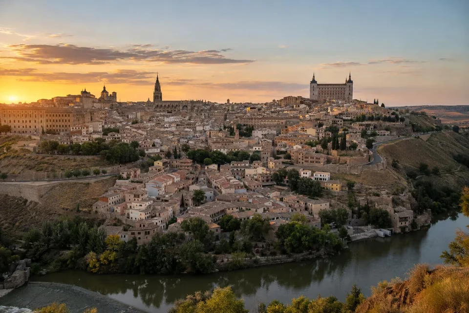 The Alcazar and cathedral of Toledo seen from the bank of the Tagus