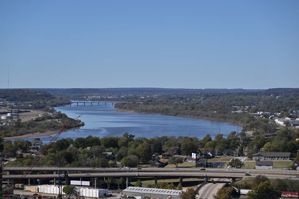 The Arkansas River and its bridges seen from above in Tulsa