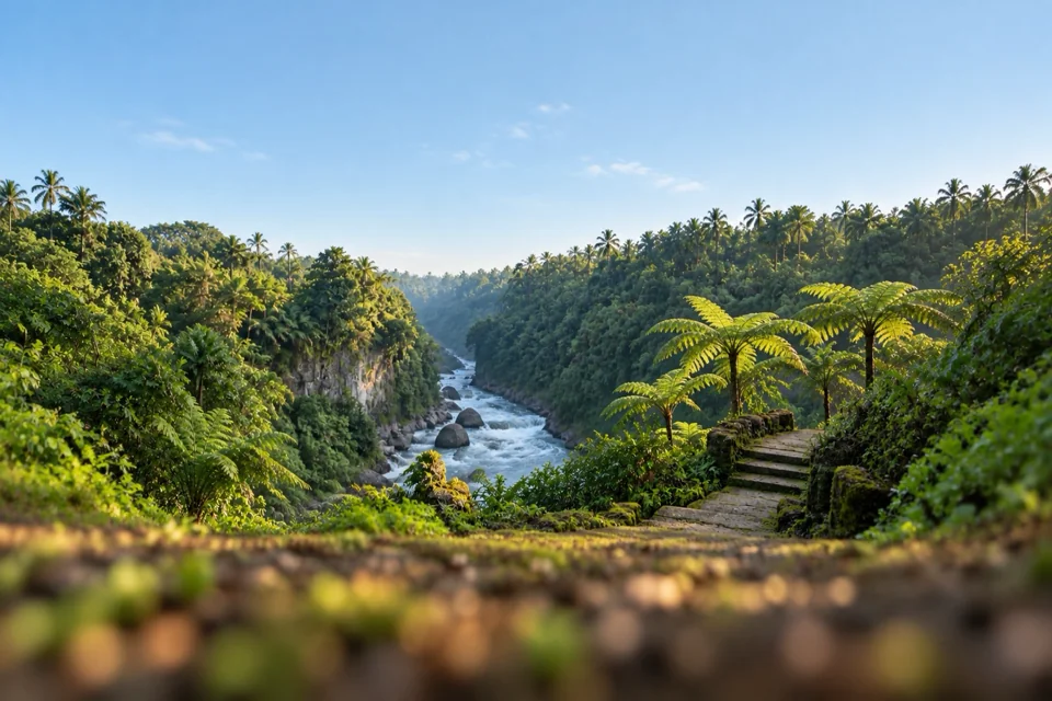A stone stairway in a forested valley in Ubud