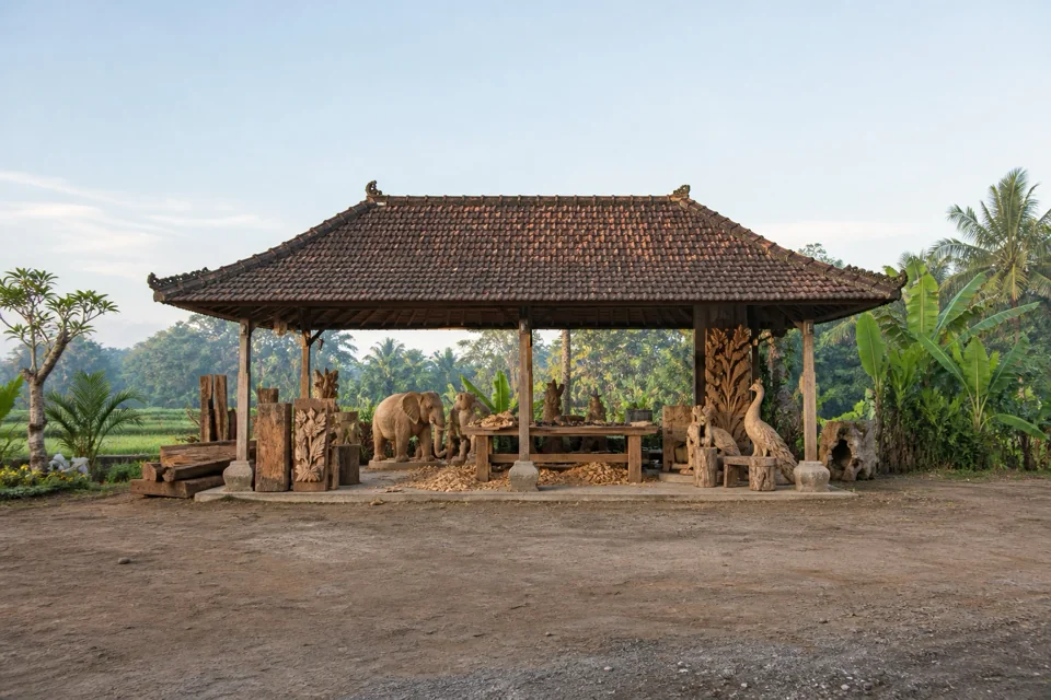 A wood carver's open workshop in Ubud