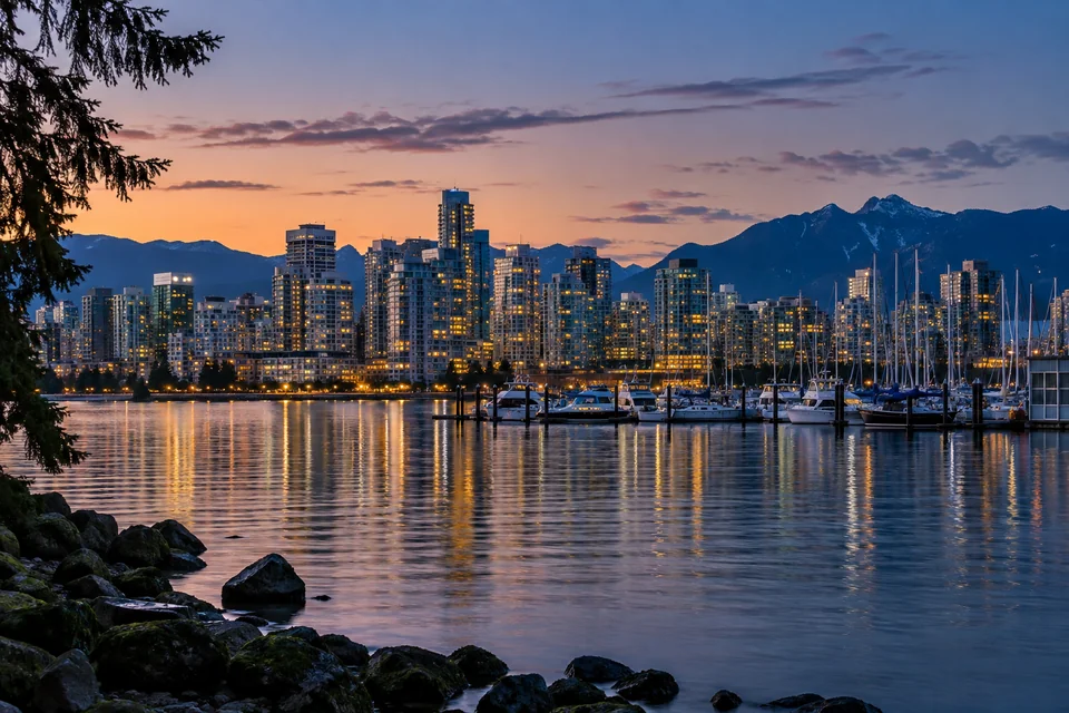 The Vancouver skyline and Coal Harbour marina at dusk seen from Stanley Park