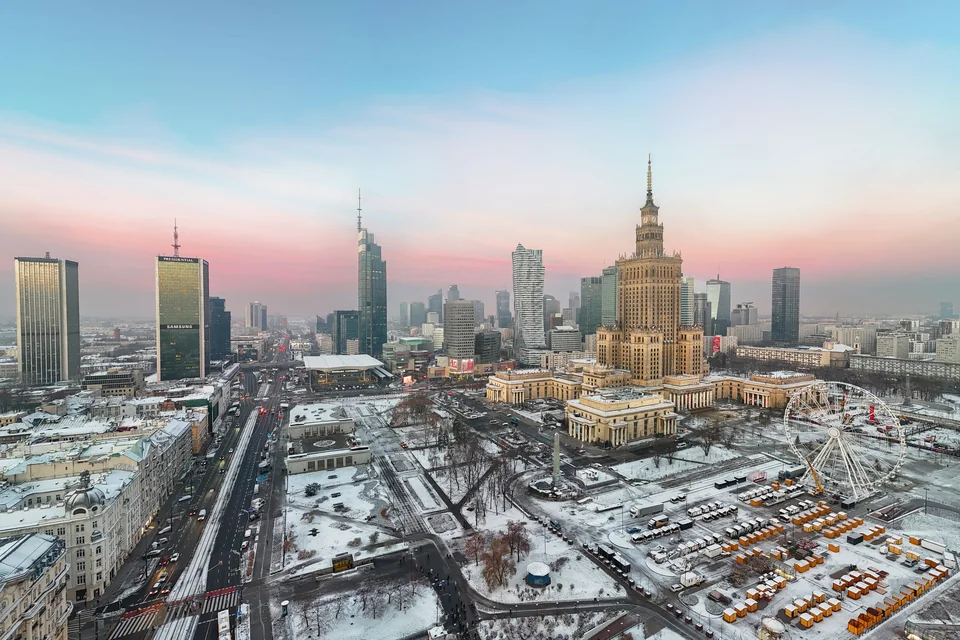Snowy central Warsaw with the Palace of Culture and Science and skyscrapers