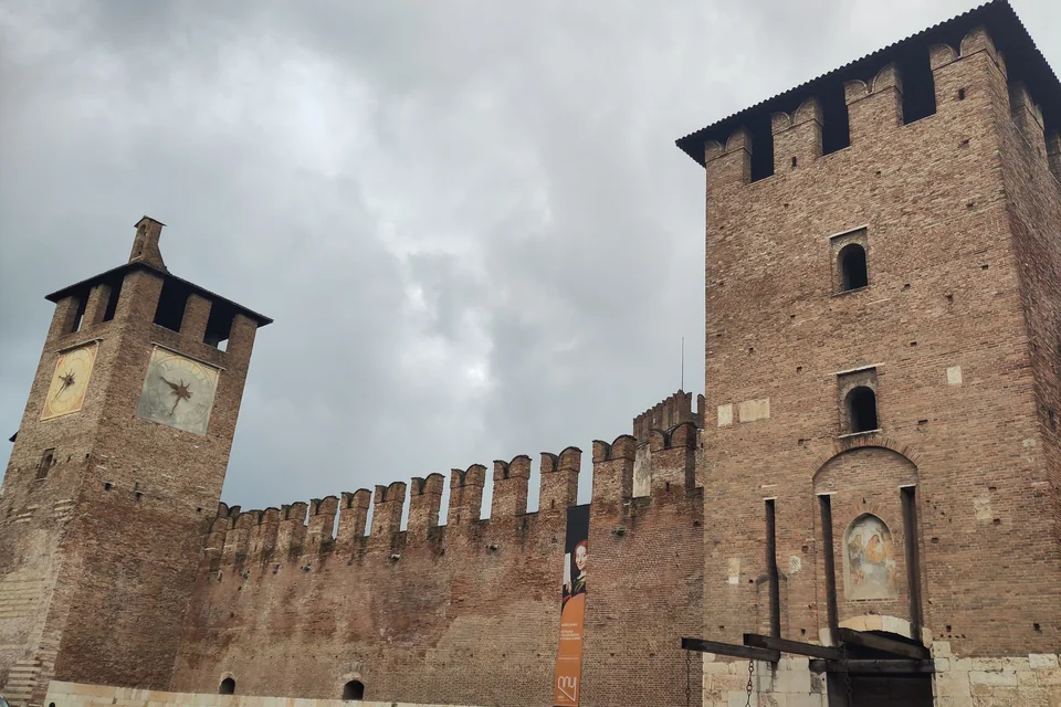 The crenellated brick walls and towers of Castelvecchio in Verona