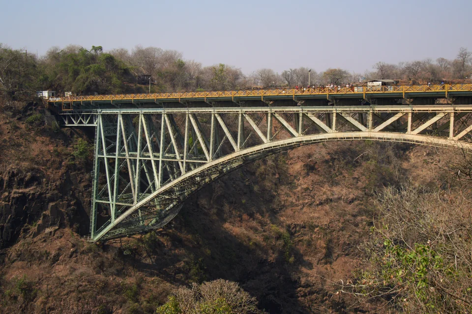 The steel arch bridge over the Zambezi gorge at Victoria Falls