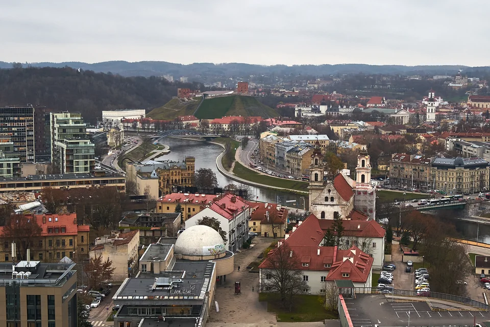 The city along the Neris River and Gediminas Tower on its hill, Vilnius