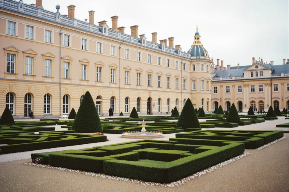 Clipped hedges and gravel walks in a baroque palace courtyard in Vienna under overcast skies