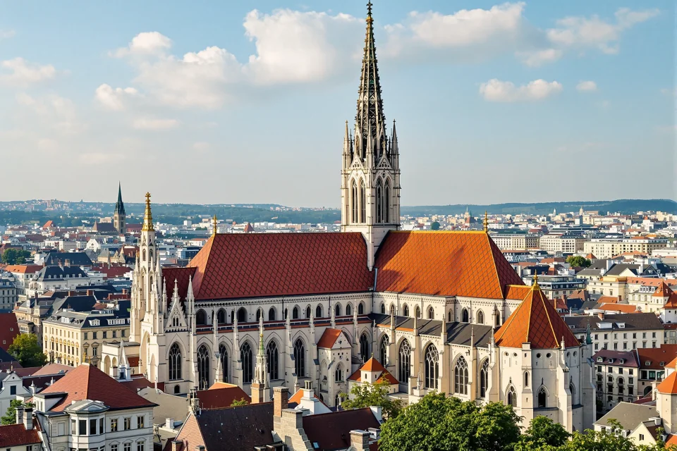 Gothic church with a patterned tile roof and a single tall spire above the rooftops of Vienna