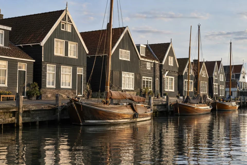 The wooden pier and fishing boats at Volendam