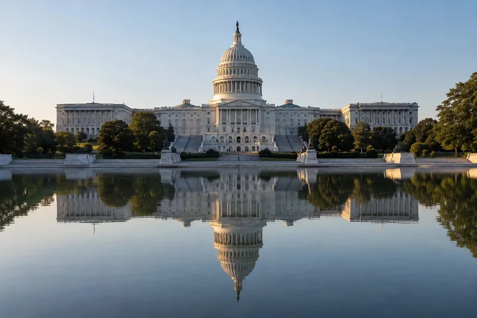 The dome of the United States Capitol mirrored in the reflecting pool