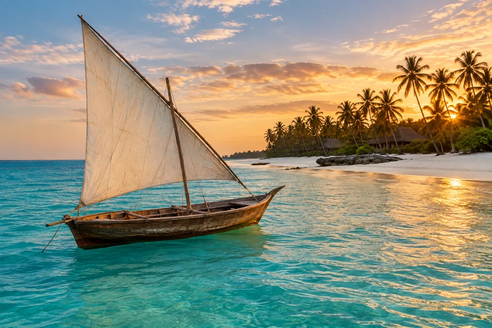 A traditional dhow with a triangular sail off a palm-lined beach in Zanzibar
