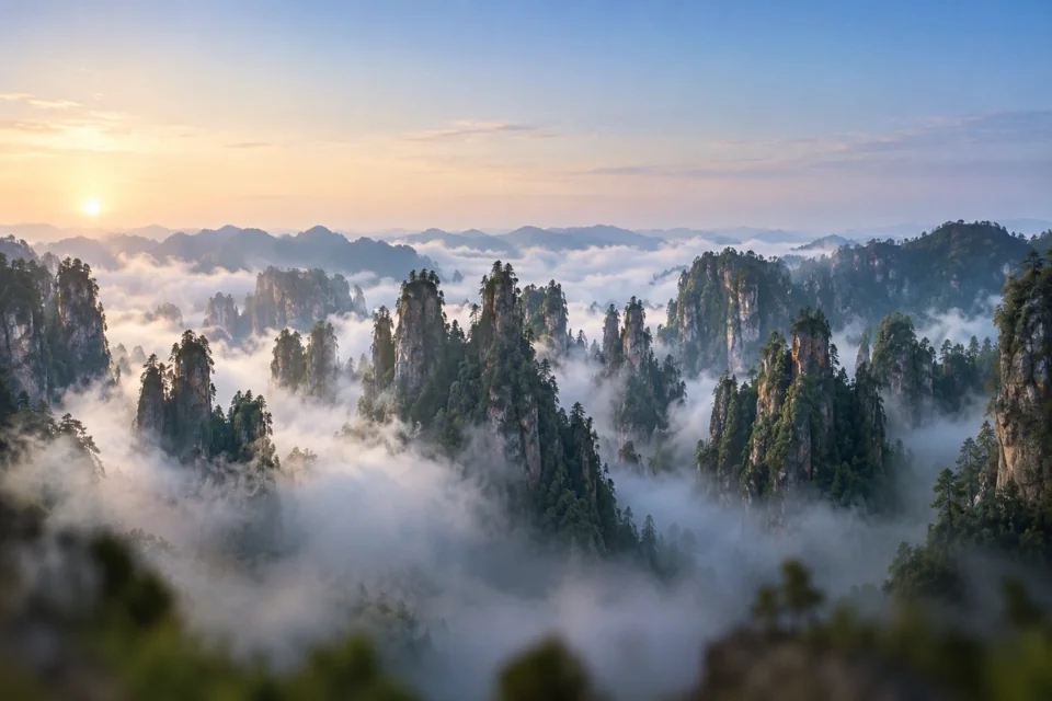 Sandstone pillars rising out of the cloud in Zhangjiajie