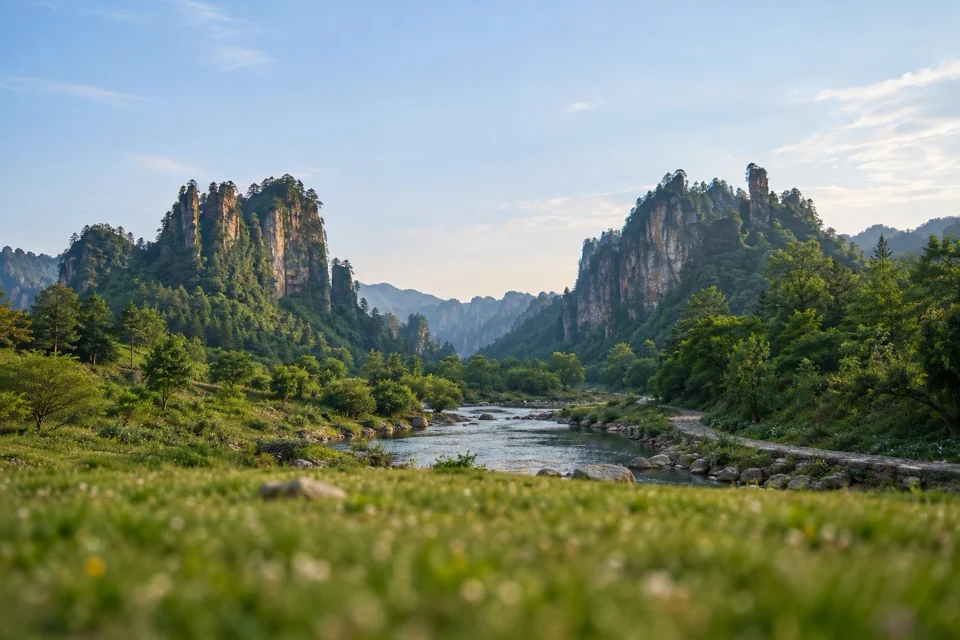 A stream between green cliffs in Zhangjiajie