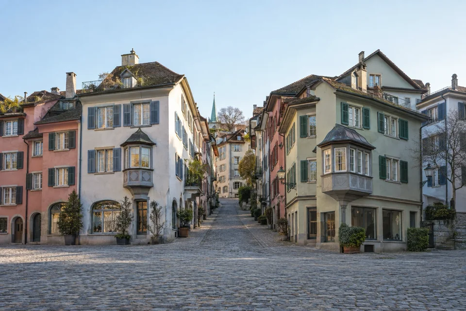 A steep stone street in the old town of Zurich